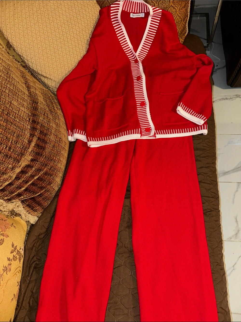 Red Women's Pajama Set with White Trim